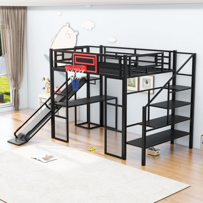 Lit mezzanine double en métal avec bureau intégré, panier de basketball et glissade