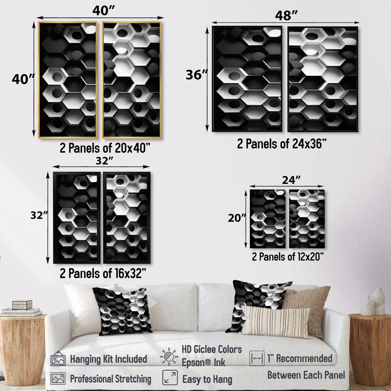 Abstrait géométrique noir et blanc - impression sur toile géométrique abstraite, art mural abstrait noir 2 pièces