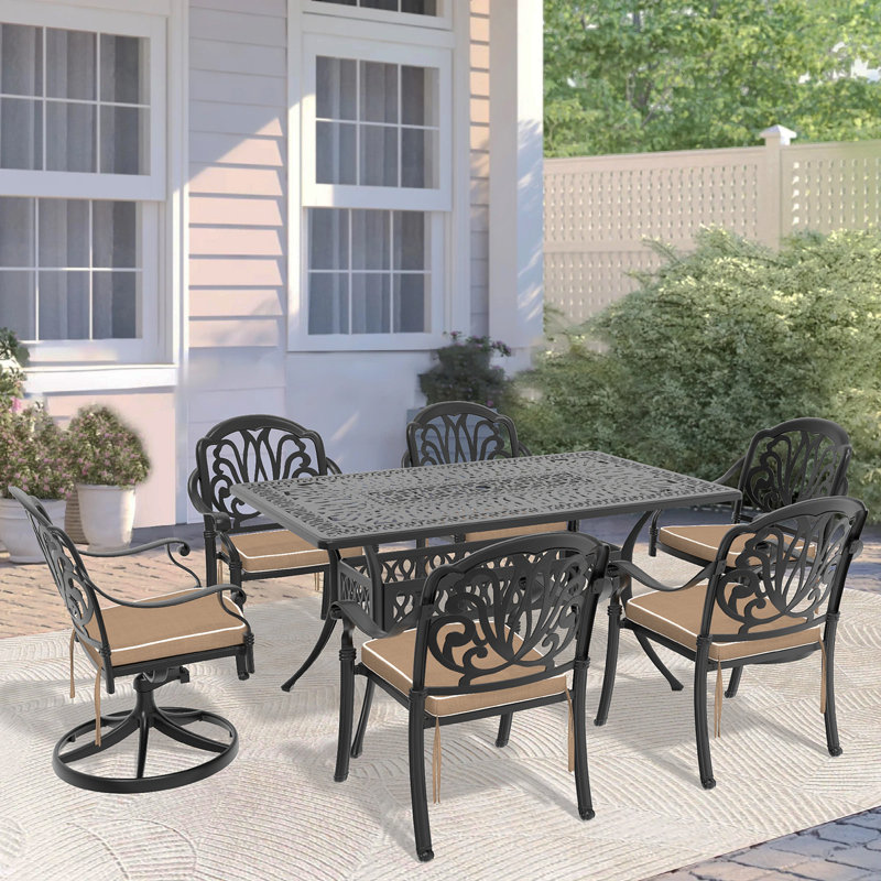 7-Piece All-Weather Cast Aluminum Dining Set, Include 2 Swivel Chairs,4 Dining Chairs And Rectangular Table With Black Frame(Same Sku:W1710S00367)