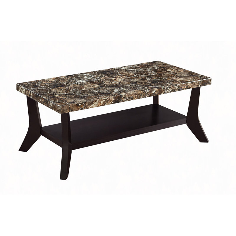 Ensemble de 3 tables basses en faux marbre avec deux tables de bout assorties et une base en bois avec tablettes de rangement intégrées