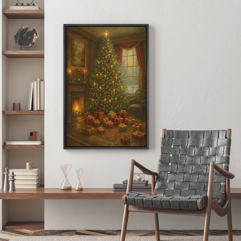 Arbre de Noël avec cheminée et cadeaux dans une élégante pièce de vacances encadrée, H 24 po x l 16 po x P 1,5 po, Noir