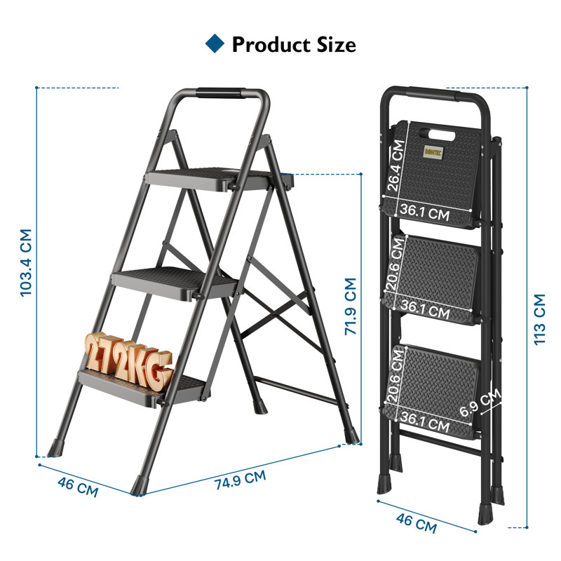Hoisington 3 - Step Folding Heavy Duty Step Ladder, Black