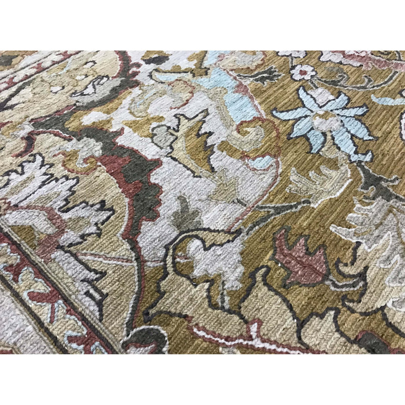Tapis vert et beige noué à la main de haute qualité