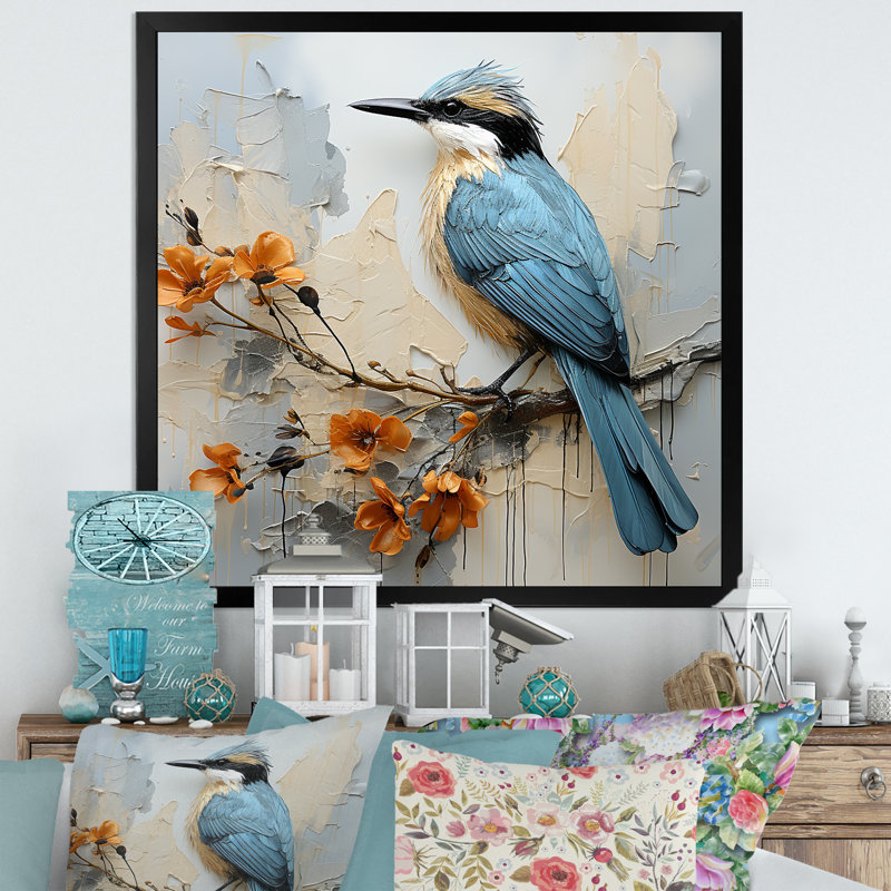 «Blue Bird Minimalisme Flowers II - Animals», reproduction d'art sur toile FDP107161, H 16 po x l 16 po x P 1 po, Noir
