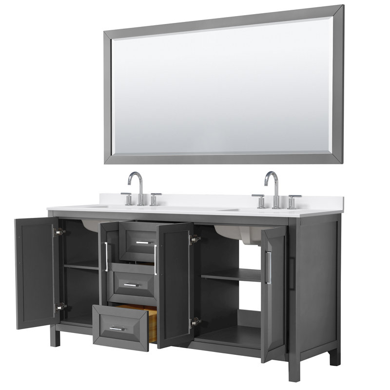 Daria 72 in. with Mirror Vanity, White Quartz, Gray, Polished Chrome