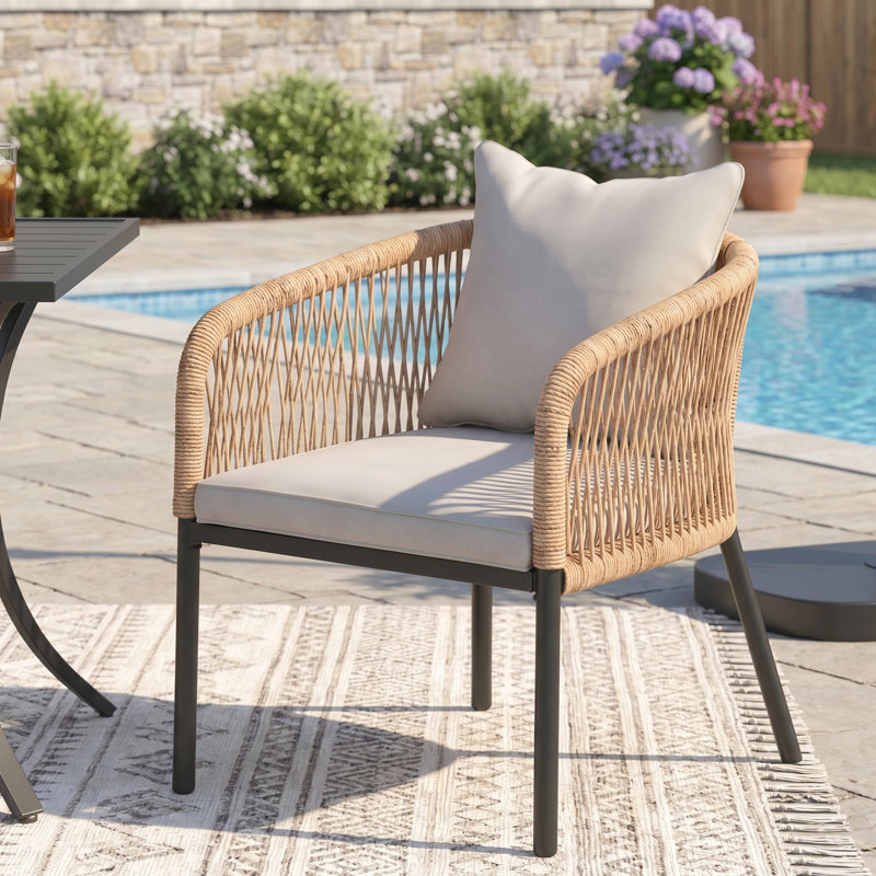 Chaises de salle à manger d'extérieur en PE avec coussins 4 pièces, Coussin beige / accoudoir naturel