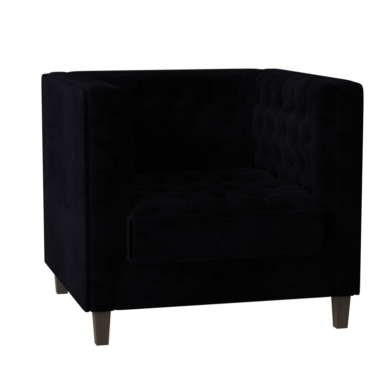 Fauteuil capitonné large de 36 po Jess, Velours performance Bella noir, Brun acajou
