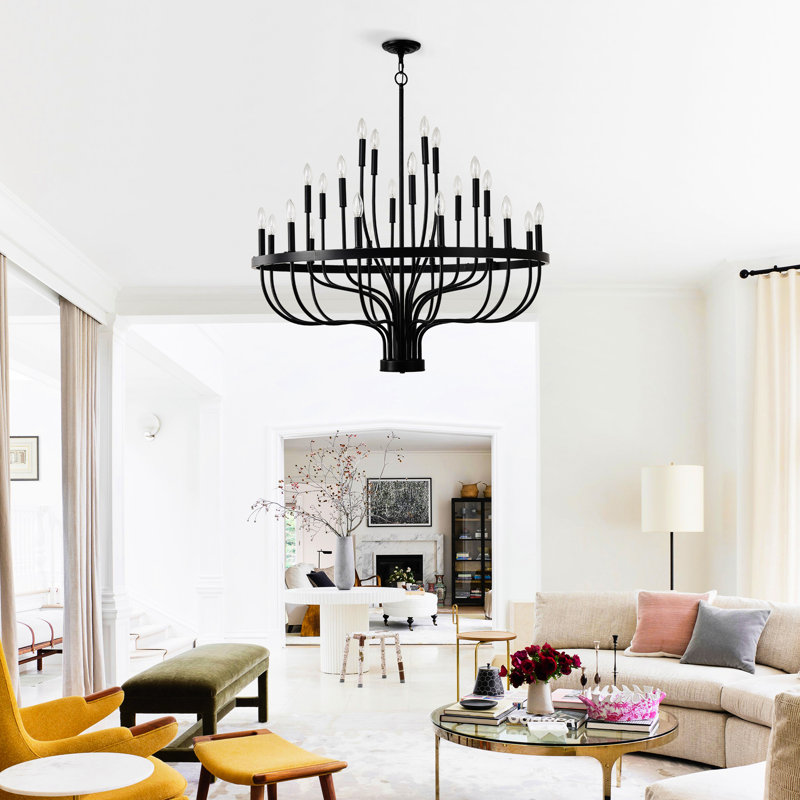 24 lumières noires de style bougie en fer industriel pour le salon, la chambre à coucher et la cuisine. Moderne suspendu. Option de hauteur réglable. Douille E12 non incluse. Apparence vintage de luxe