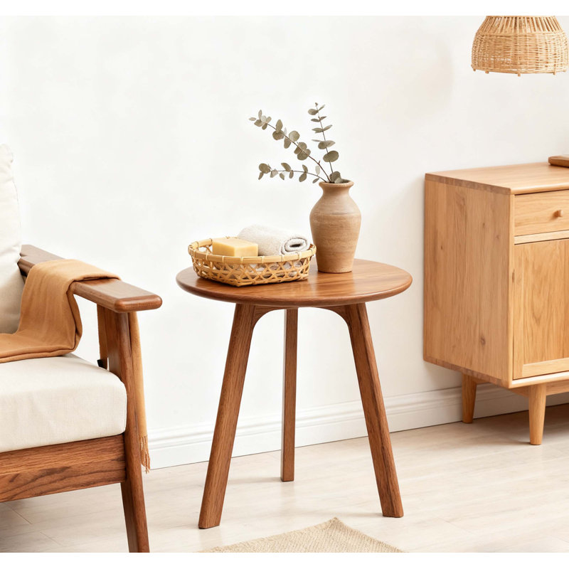 Table de bout ronde - Petite, polyvalente et élégante table de chevet pour le salon, la chambre à coucher et le balcon, 100% bois de chêne massif naturel, facile à assembler
