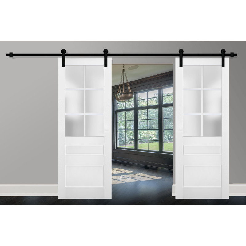 Porte de grange double robuste avec verre dépoli Veregio 7339 Blanc Soie, supports de rail de 4 m (13 pi), portes intérieures à panneaux pleins et lourds - 122 cm x 203 cm (48 po x 80 po) (2 x 61 cm x 203 cm) - Rail noir