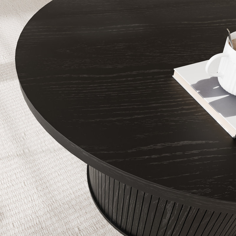Tambour Design Round Coffee Table with Storage, Black, 17.7" H x 23.6" L x 23.6" W