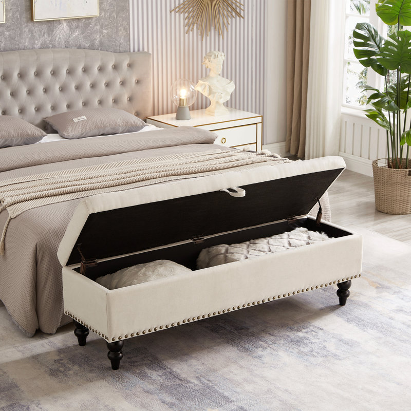 59" Bed Bench Ottoman With Storage  Beige Fabric