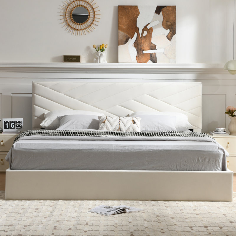 Full Size Upholstered Lift-Up Storage Platform Bed with Chevron Padded Headboard, No Box Spring Required Hydraulic Storage Bed