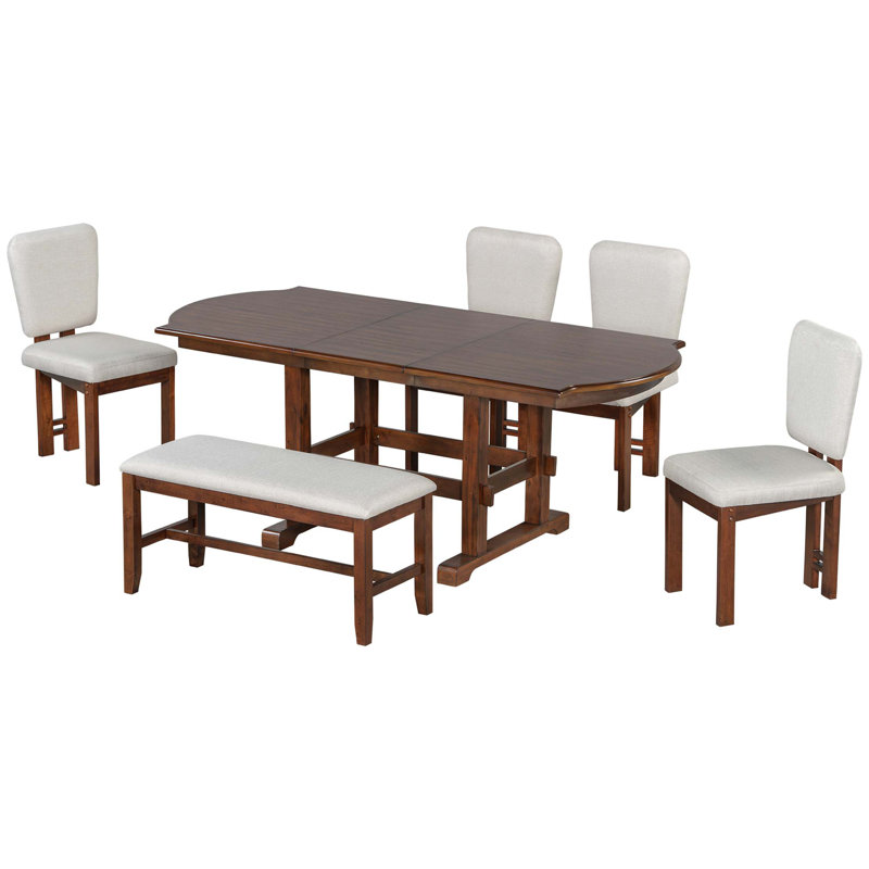 Ensemble de table de salle à manger 6 pièces 78 pouces avec banc, table de cuisine traditionnelle avec rallonge amovible de 18 pouces et 4 chaises de salle à manger rembourrées