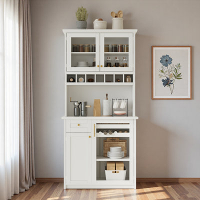 Armoire de cuisine autoportante avec tiroir, support à vin, tablettes réglables et portes en verre trempé