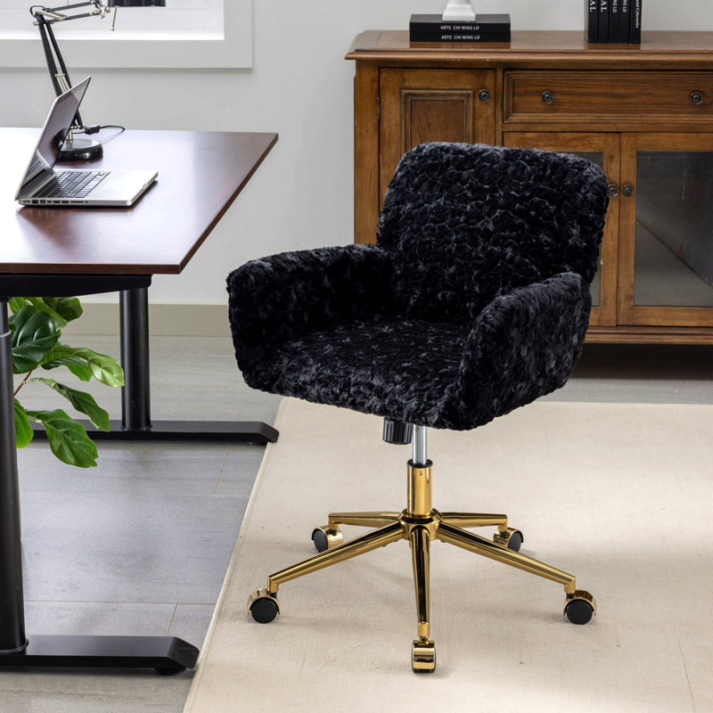 Black Office Chair, Artificial Rabbit Hair Home Office Chair, With Golden Metal Base, Adjustable Desk Chair Swivel Office Chair, Vanity Chair