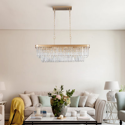 Glamorous 11-Light Crystal Chandelier  Modern Rectangle Design  Adjustable Height For Dining Room & Living Room