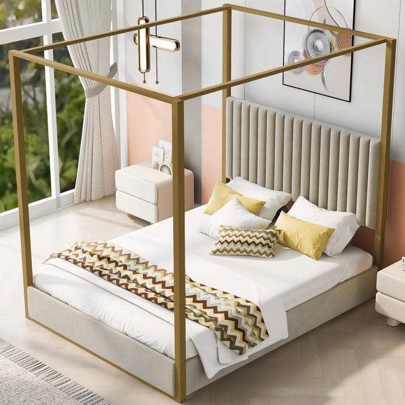 Upholstery Metal Canopy Bed, Beige, Queen
