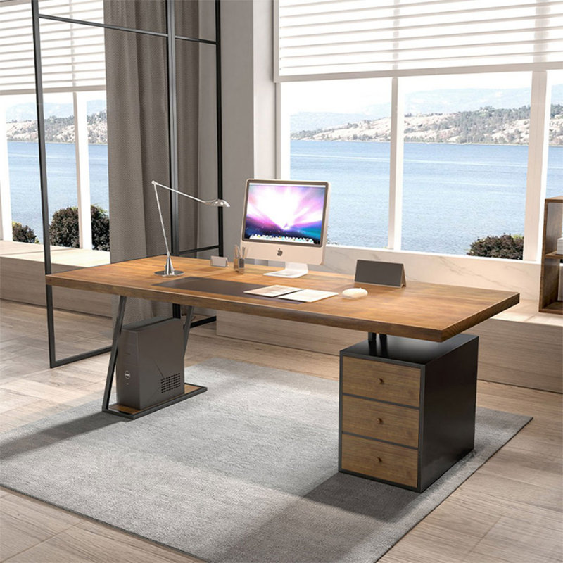 Bureau de direction rectangulaire en bois massif brun clair avec tiroirs, 29.53" H x 78.74" W x 31.5" D, Retour à droite