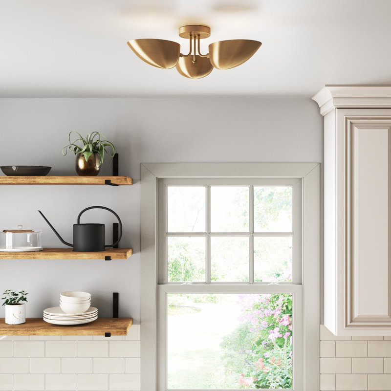 Semi Mount Flush Ceiling Light, 3-Lights Modern Retro Lighting With Black Rounded Shades For Hallway, Dining Room And Bedroom, Vintaged Brass