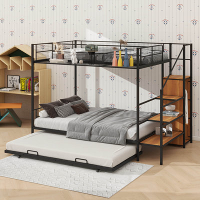 Lit superposé en métal avec lit gigogne, échelle de rangement latérale et garde-robe