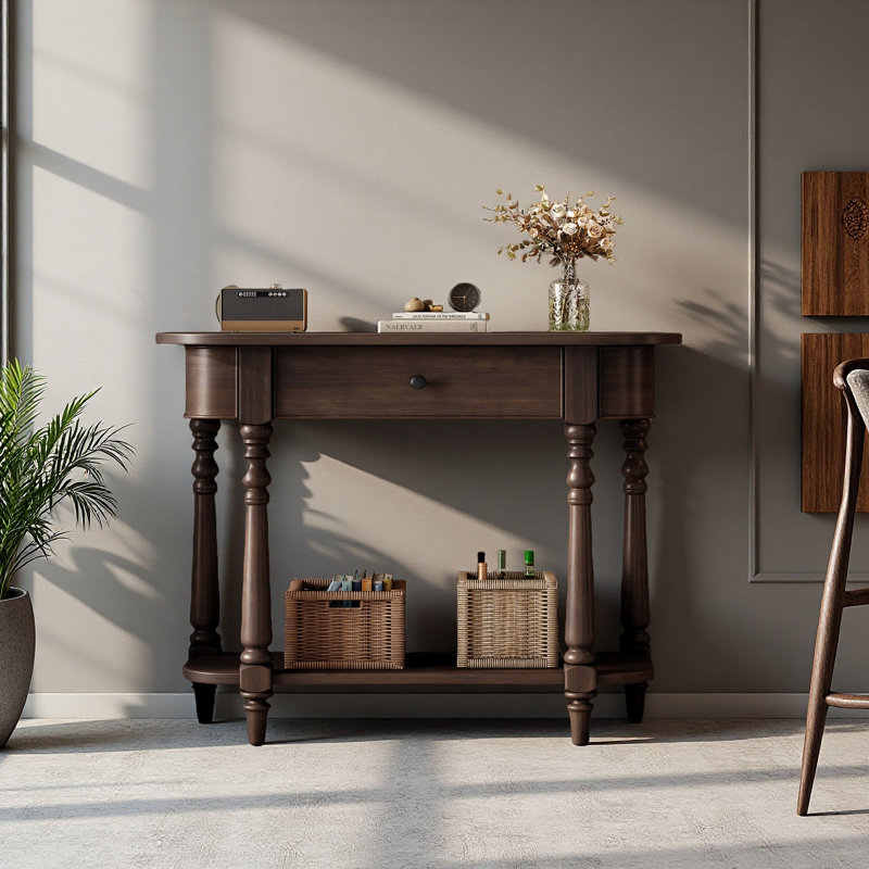 Console étroite avec coin incurvé, table de hall d'entrée rétro avec tiroir supérieur et tablette ouverte, Espresso, Espresso