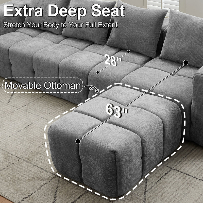 Modular Chenille Cloud Sofa, 3-Piece Boneless L-Shape Sectional with Ottoman, No Assembly, Light Gray Chenille
