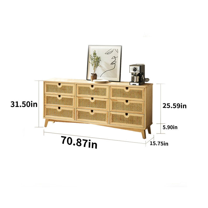 Commode décorative simple en bois massif tissé en rotin