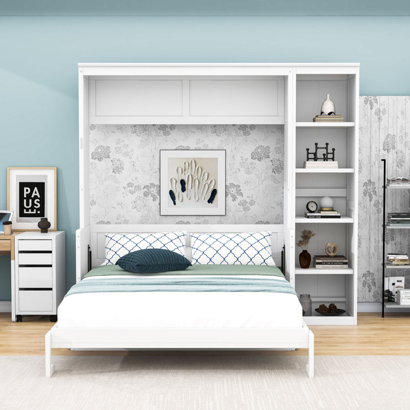 Lit escamotable en bois avec bureau et tablettes de rangement, Blanc, Queen