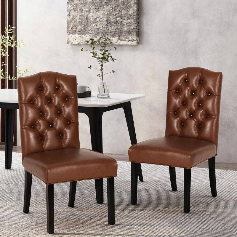 Kd Dining Chairs   Of 2 , Brown Pu Leather Trim, Stylish Button Tufting, Delicate Diamond Stitching, Lovely Tapered Legs