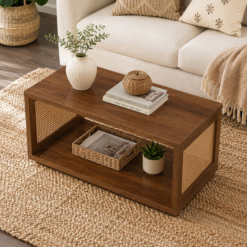 Table basse Haught Weave avec tablette, Brume d'automne brune / orge beige