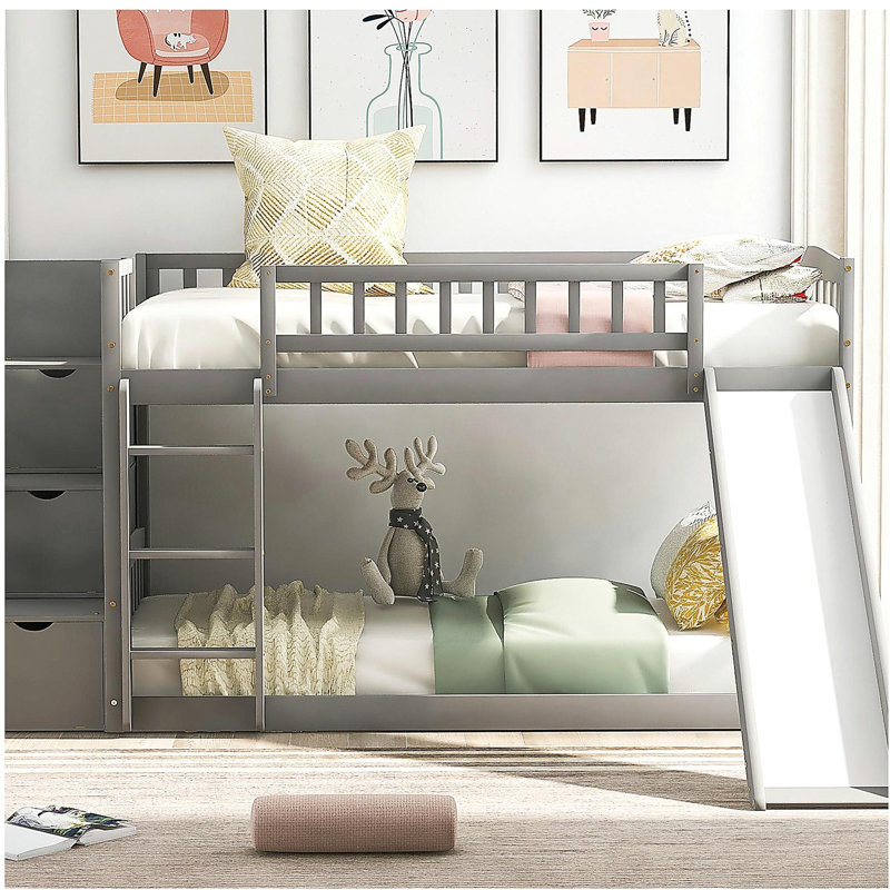 Lit superposé gris de style échelle avec deux tiroirs et une glissade