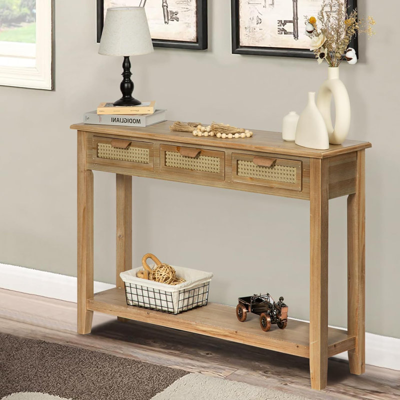 Farmhouse Console Table With 3 Rattan Drawers, 46" Long Narrow Boho Foyer Sofa Tables With Open Storage Shelves For Entryway, Hallway, Living Room, Natural