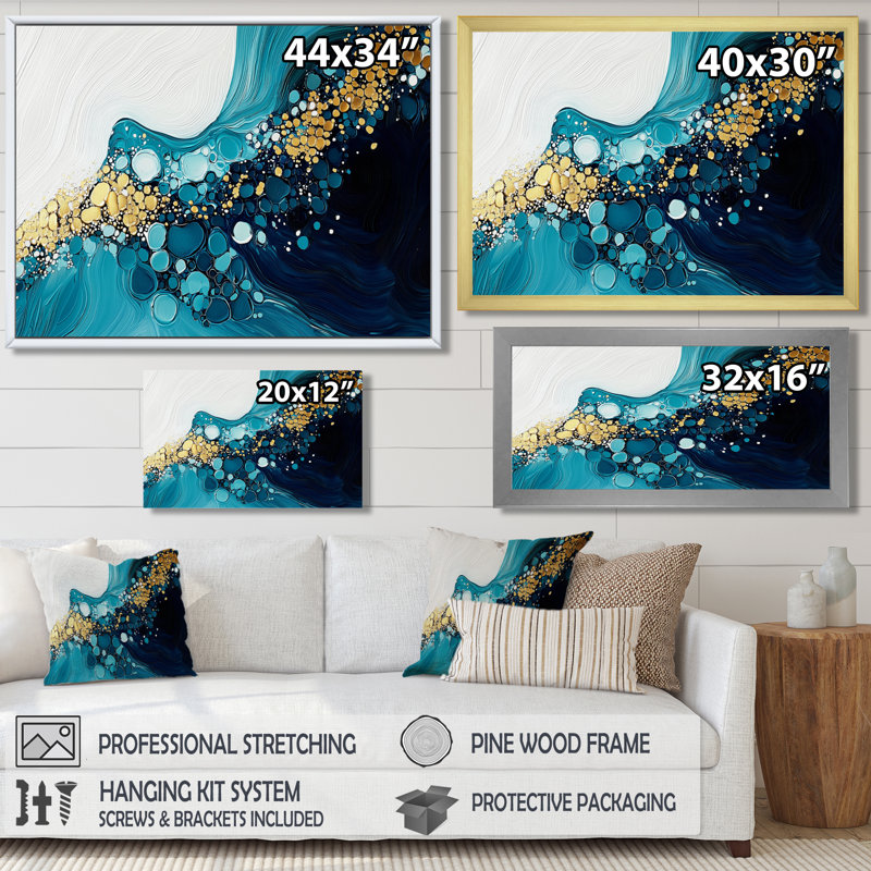 Abstrait aqua Pulse of the Ocean III - art mural abstrait, H 30 po x l 40 po, Cadre flottant, Blanc