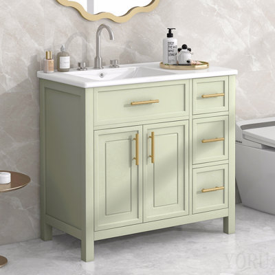 Meuble-lavabo de 91 cm (36 po) avec lavabo, meuble-lavabo à deux portes et trois tiroirs, en bois massif et panneaux MDF, vendu à l'unité, blanc et vert.