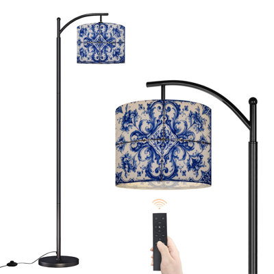 PeeNoke Arc Floor Lamp Portuguese tiles Tiles white blue Ceramic Tiles Hydraulic Portuguese Tall Modern Standing Lamp LED Adjustable Linen Lampshade 3 Color Temperatures