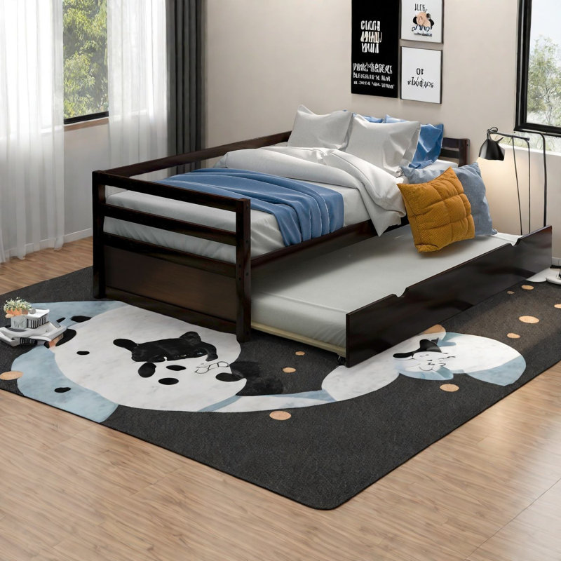 Space-saving Twin Beds With Trundle, Solid Wood Frame, Modern Espresso Finish