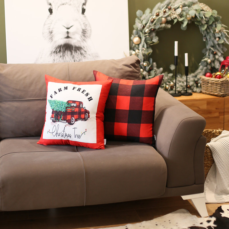 Red and Black Plaid Christmas Truck Polyester Euro Pillow Covers, 18" x 18", Set of 2