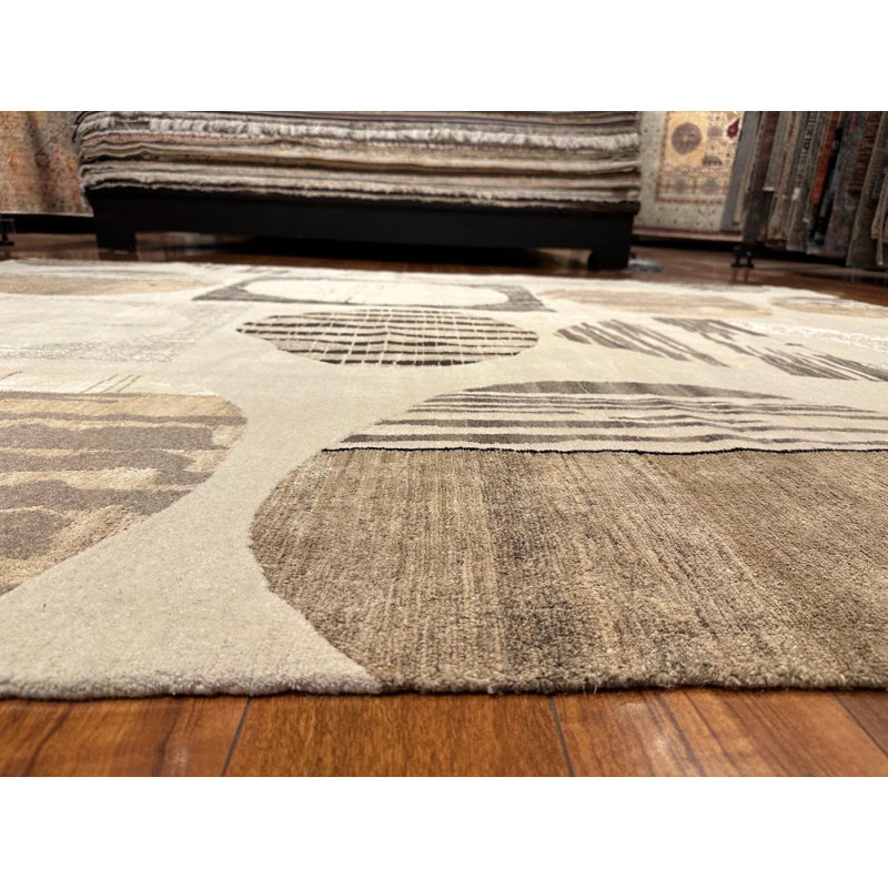 Tapis neutre moderne 8 x 10 | Tapis en laine noué à la main Népal | Motif abstrait de cercle géométrique | Tapis de salon beige Luxury