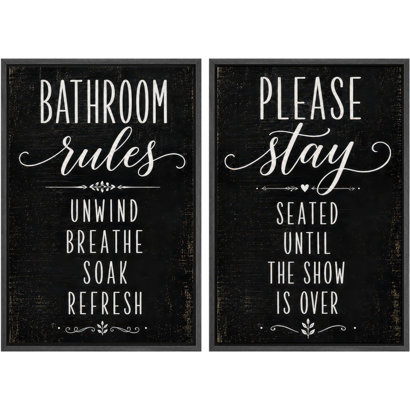 "Bathroom Rules and Veuillez Rester Assis", citation humoristique, H 24 po x l 32 po x P 1,5 po, Cadre noir
