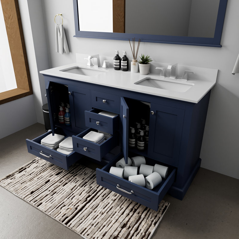 Dukes 60 in. W x 22 in. D Double Bath Vanity, and 58 in. Mirror, Navy Blue, White Quartz