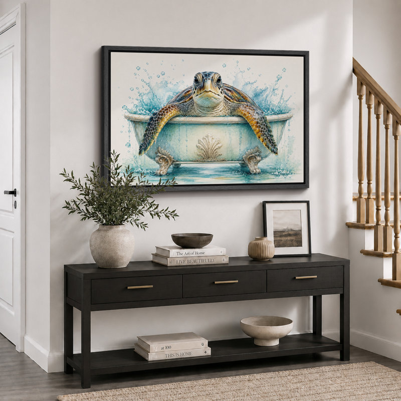 «Sea Turtle Bathaign Ocean», photos de salle de bain côtière, impression sur toile encadrée, H 16 po x l 24 po x P 1,5 po