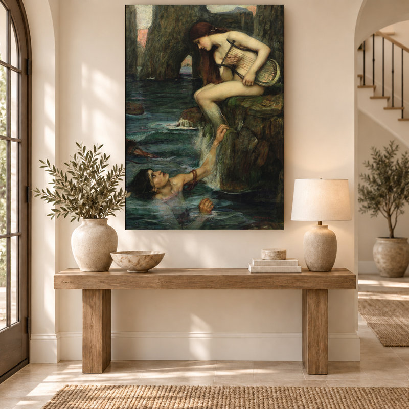 Dark Green Pre-Raphaelite Siren and Sailor Canvas Print, 54" H x 36" W