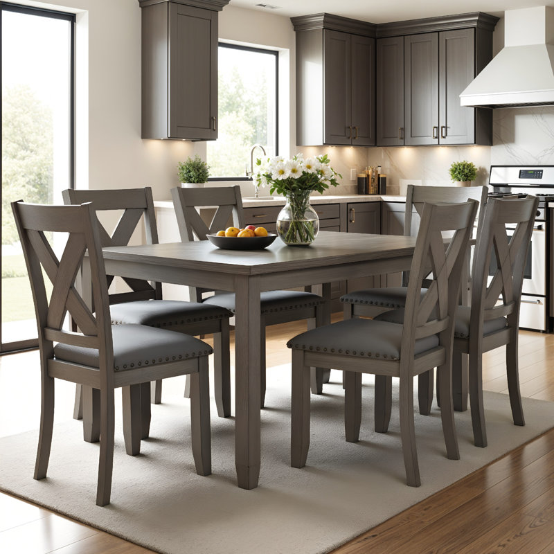 Wasdale 7 Piece Dining Table Set with 6 X-Back Chairs | Weathered Gray Wood | Padded Seats