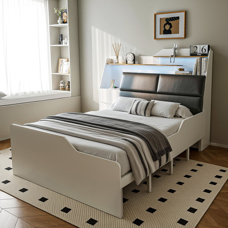 Modern Upholstered Bed Frame with LED Lights, Charging Station and Pull-Out Desk, Queen