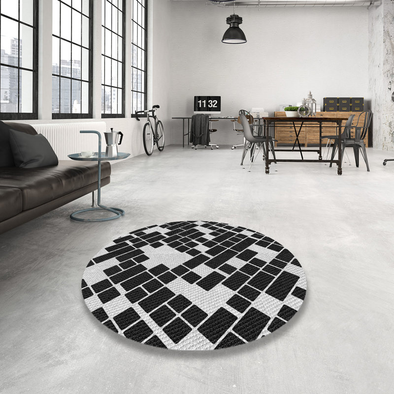 Tapis noir/blanc à motifs, Rond 5 pi