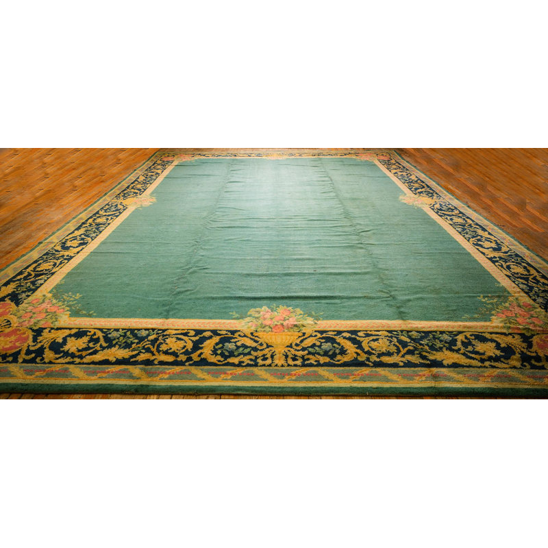 1920s Green Open Field Roses Border Antique Donegal Arts Crafts Woven Carpet Rug