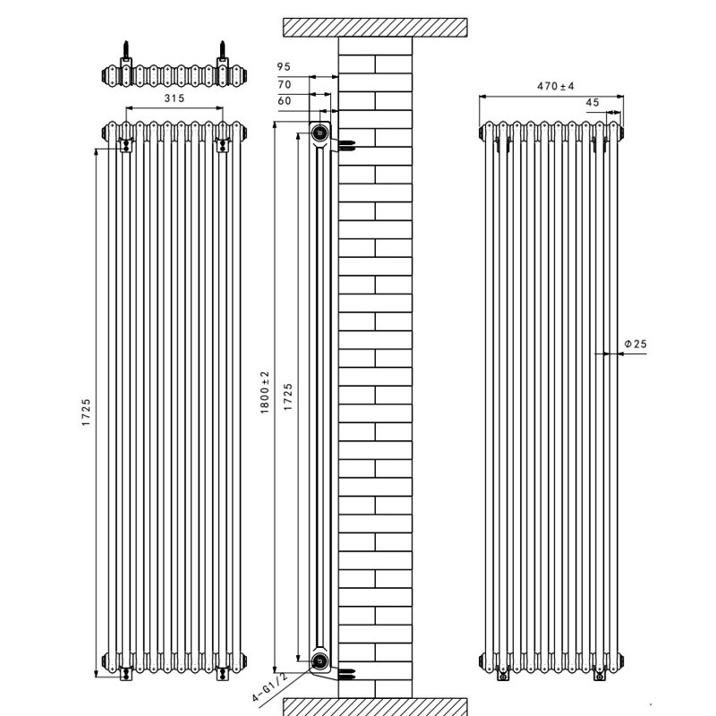 Valda Vertical Traditional 2 Column Designer Radiator, 180cm H x 47cm W, White