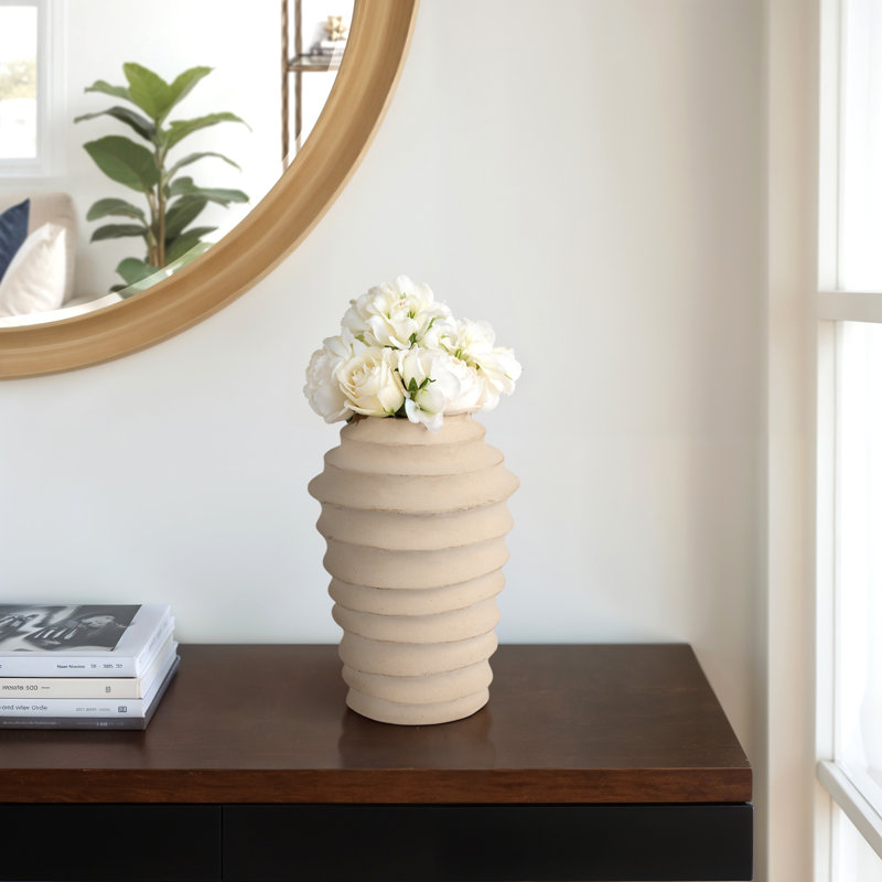 Decorative Textured Ribbed Table Vase with Chiseled Design for Home Decor - Sculptural Tall Flower Vase for Shelf or Kitchen Accent - Ivory and Tan