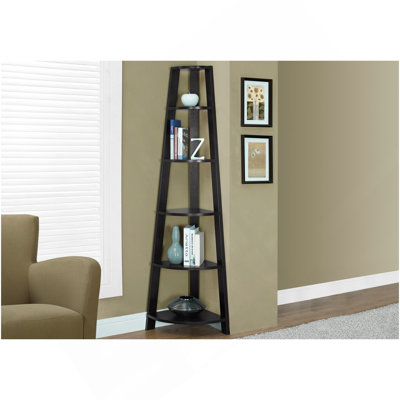 Bibliothèque, bibliothèque, étagère, d'angle, 5 niveaux, H 72 po, bureau, chambre à coucher, stratifié brun, contemporain, moderne